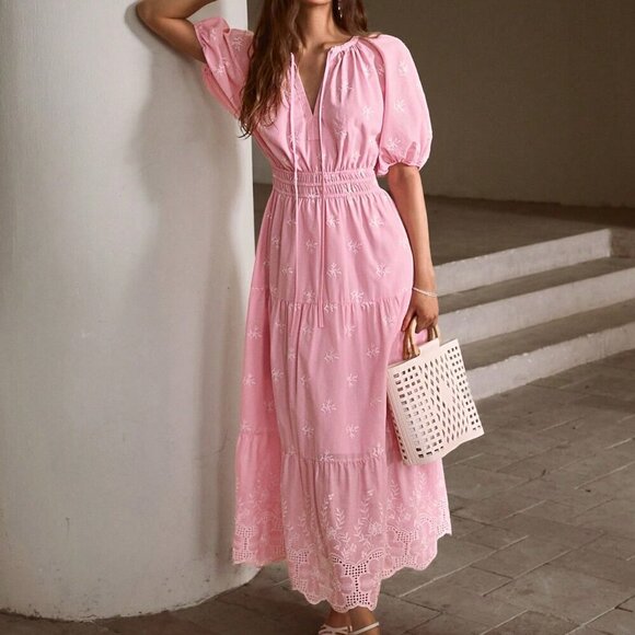 Pink Casual Women's Embroidered Lantern Sleeve Tie-Up Long Dress - Picture 7 of 7